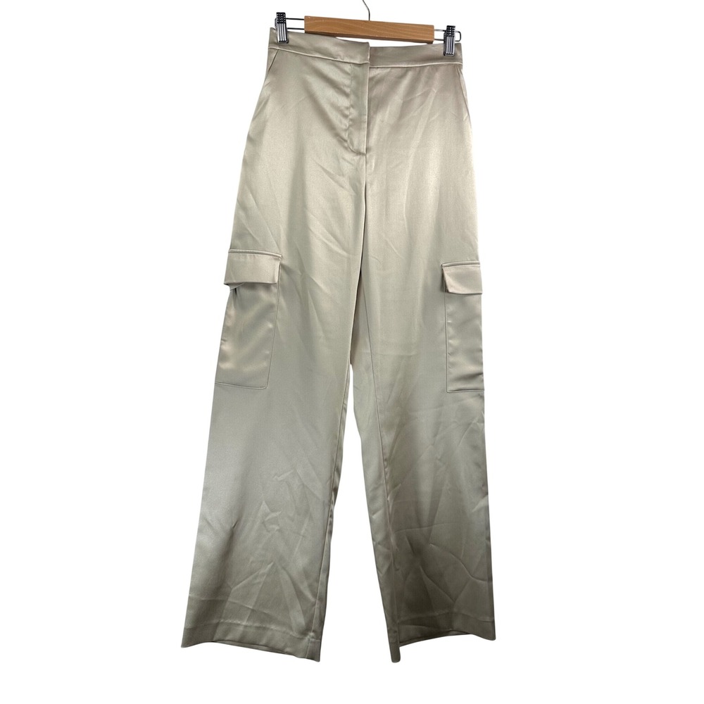 Zara Satin wide Cargo Pants sz XS Champagne Beige Wide Leg utility chic 90s